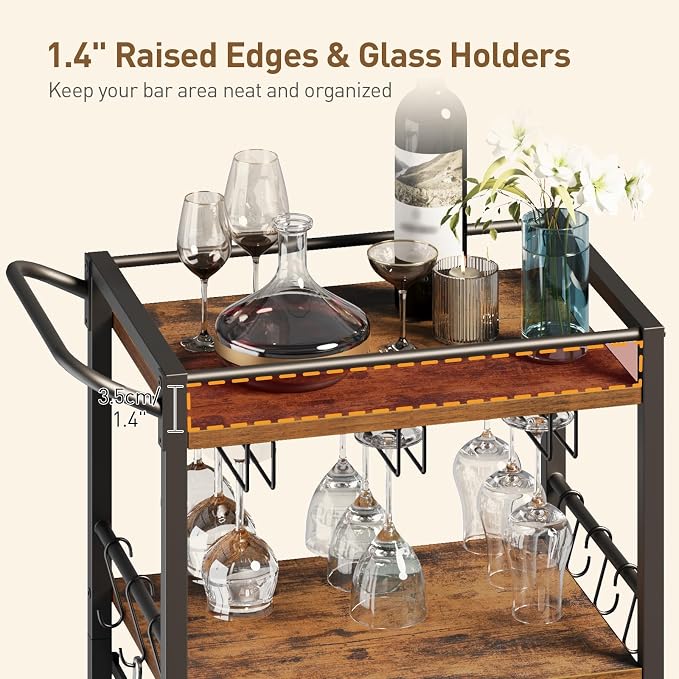 3-Tier Bar Cart with Drawer, Home Bar Serving Cart with Glass Holder and Handle, Rolling Mini Liquor Bar for Wine Beverage Dinner Party, Drink Cart for Home Kitchen Bars, Rustic Brown 8001TCBF