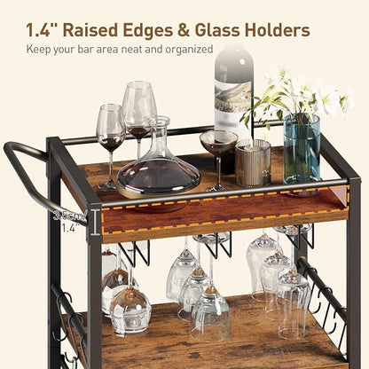 3-Tier Bar Cart with Drawer, Home Bar Serving Cart with Glass Holder and Handle, Rolling Mini Liquor Bar for Wine Beverage Dinner Party, Drink Cart for Home Kitchen Bars, Rustic Brown 8001TCBF
