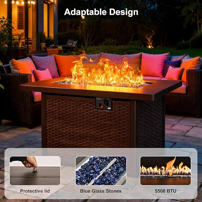 42" Propane Fire Pit, Outdoor Wicker Fire Pit Tables Rectangular Tabletop with Blue Glass Stones, 50000 BTU w/CSA-Certified and Tables for Outside Patio, Backard (Brown)