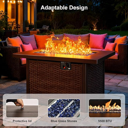 42" Propane Fire Pit, Outdoor Wicker Fire Pit Tables Rectangular Tabletop with Blue Glass Stones, 50000 BTU w/CSA-Certified and Tables for Outside Patio, Backard (Brown)