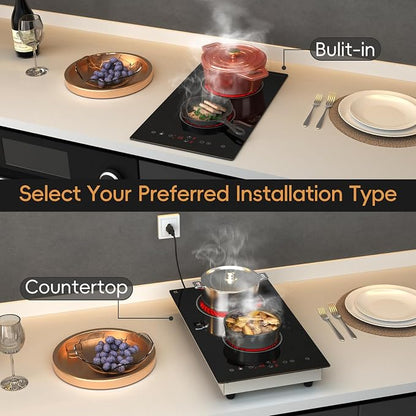 2 Burner Electric Cooktop 110V, 1800W Electric Stove Top 12 Inch, Plug in | Radiant Ceramic, Two Burner Electric Cooktop, Countertop & Built-in Stove, Touch Control, 9 Level Power, Timer, Safety Lock