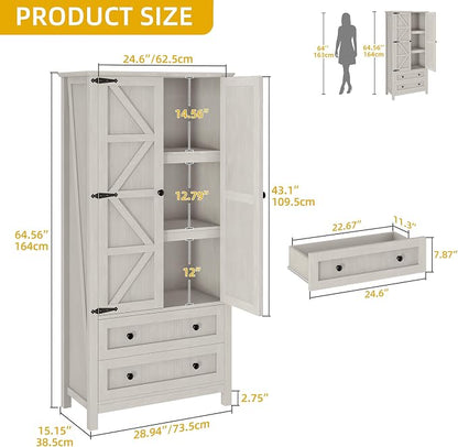 DWVO 64.5" Pantry Cabinet with Barn Doors, 2 Drawers & Shelves, Off White | Farmhouse Storage Cupboard for Dining Room, Living Room, and Bathroom