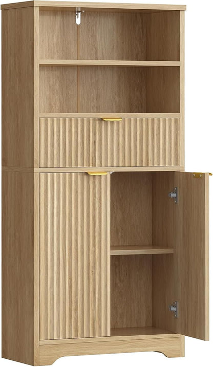 Tall Storage Cabinet with Adjustable Shelf & Drawer, Fluted Cabinet with Doors, Kitchen Pantry Cabinets, Bathroom Storage Cabinets, for Living Room, Entryway, Home Office, Natural