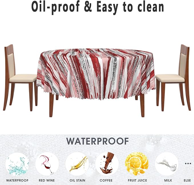 Abstract Striped Circle Tablecloth 70 Inch Red and White Old Texture Grunge Stripes Vintage Mosaic Dust-Proof Round Table Cover Protector for Kitchen Restaurant Picnic Camping BBQ Burgundy