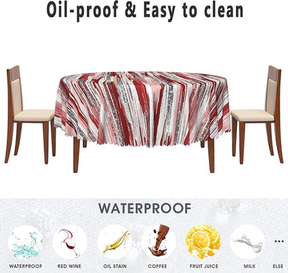 Abstract Striped Circle Tablecloth 70 Inch Red and White Old Texture Grunge Stripes Vintage Mosaic Dust-Proof Round Table Cover Protector for Kitchen Restaurant Picnic Camping BBQ Burgundy