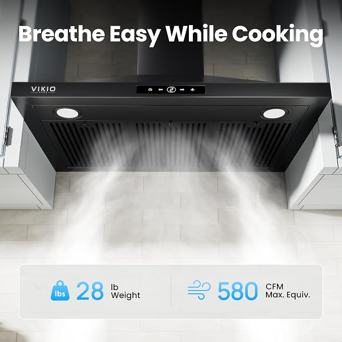 VIKIO HOME 30 Inch Wall Mount Range Hood 580CFM Convertible Touch Control | Ducted/Ductless, Stainless Steel Kitchen Vent Hood with 3-Speed Fan and LED Lights, Black
