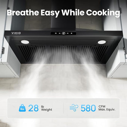 VIKIO HOME 30 Inch Wall Mount Range Hood 580CFM Convertible Touch Control | Ducted/Ductless, Stainless Steel Kitchen Vent Hood with 3-Speed Fan and LED Lights, Black