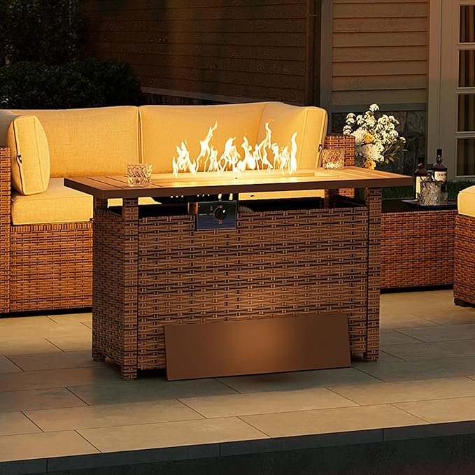 Aoxun Outdoor Patio Furniture with Fire Pit Table, 50,000 BTU Wicker Gas Fire Pits with Lid, 44'' Propane Gas Firepit Table for Backyard, Poolside, Garden (Brown)