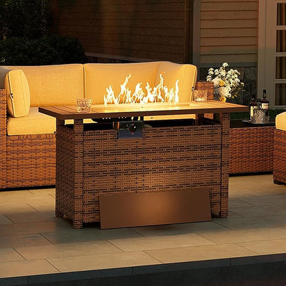 Aoxun Outdoor Patio Furniture with Fire Pit Table, 50,000 BTU Wicker Gas Fire Pits with Lid, 44'' Propane Gas Firepit Table for Backyard, Poolside, Garden (Brown)