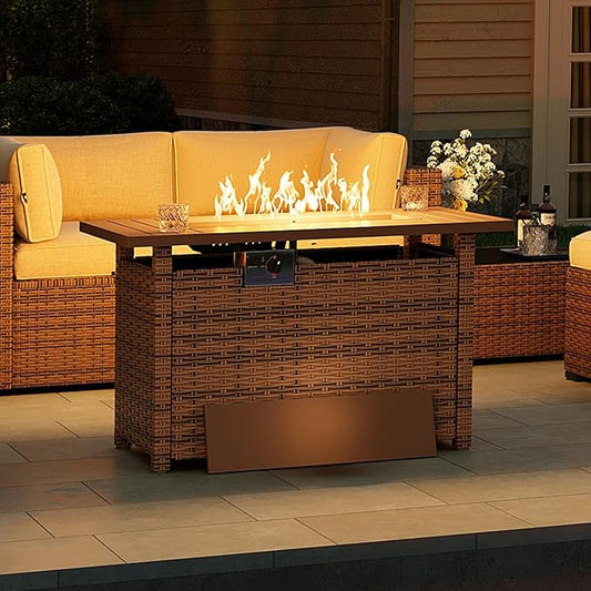 Aoxun Outdoor Patio Furniture with Fire Pit Table, 50,000 BTU Wicker Gas Fire Pits with Lid, 44'' Propane Gas Firepit Table for Backyard, Poolside, Garden (Brown)