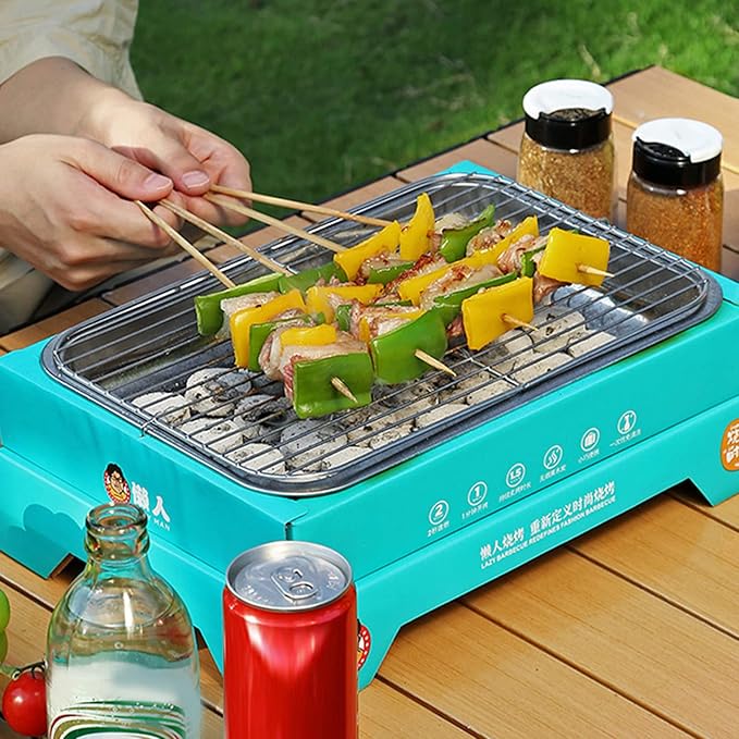 Portable Charcoal Grill, Compact Detachable Stainless Steel BBQ Smoker, Single Use Barbecue Grill for Outdoor Camping, Easy to Carry and Clean (Light Blue (containing 30 Charcoal))
