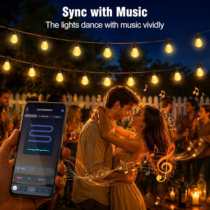 Outdoor String Lights 25FT, APP Control Dimmable S08 Edison LED Bulbs, Timer, Bluetooth, IP65 Waterproof, Hanging Patio Lights for Yard Garden Backyard Deck Porch Balcony Camping Party