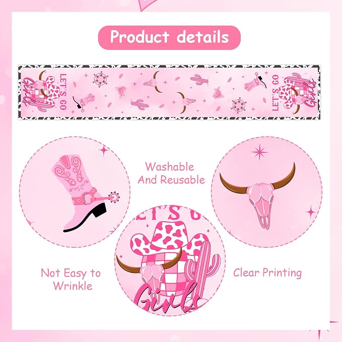 Disco Cowgirl Theme Table Runner, Pink Let’s Go Girls Linen Fabric Table Runner for Everyday Use 72 x 13 Inches, Washable Table Cover for Indoor Outdoor Kitchen Dining Table Decor