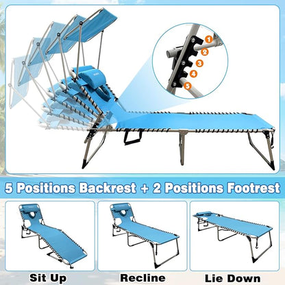 Outdoor Tanning Chair with Sun Canopy Shade & Face Hole, Folding Lounge Chair with Beach Table and Carry Bag for Poolside Sunbathing Lawn