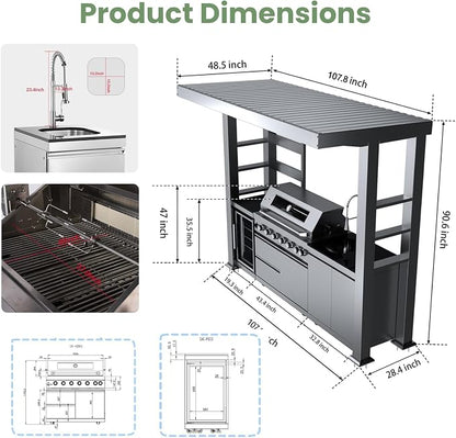 108" Outdoor Kitchen Island Crafted from Stainless Steel,6-Burner 85,000 BTU Natural Gas Grill,Rotisserie Oven,Refrigerator,Galvanized Steel Roof,Granite Countertops,Storage,Sink.(Natural Gas)