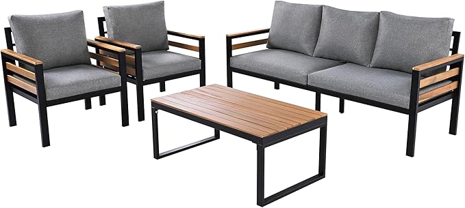 VilroCaz 4-Piece Outdoor Patio Furniture Sectional Sofa Set with Acacia Wood Armrests, All-Weather Conversation Set with Removable Cushion and Solid Wood Coffee Table for Garden Backyard (Grey-TH)