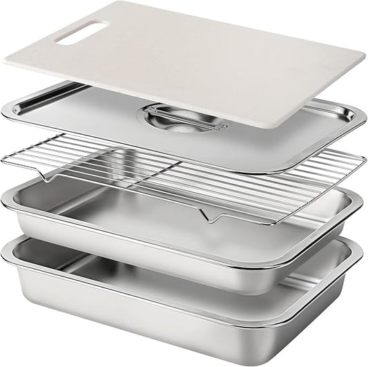 Stainless Steel BBQ Grilling Prep and Serve Tray Set, Food Preparation Container with Lid, Cutting Board, Wire Rack and Marinade Pan for Outdoor Cooking,Grill Gifts for Grill Lovers