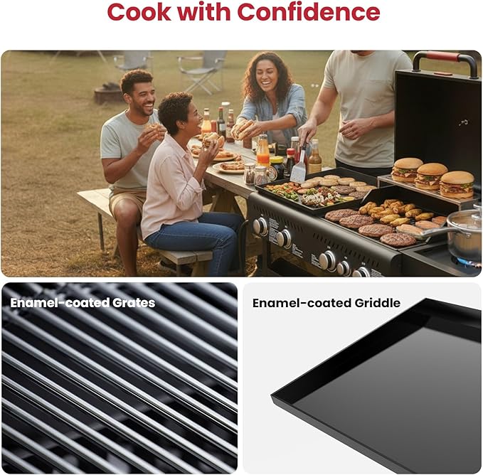 LAUDLIFE 5-Burner Propane Grill Griddle Combo with Side Burner, Dual Zone BBQ Gas Grill, Non-Stick Porcelain-Enameled Surface, Easy to Clean, 702 Sq.In. Cooking Area, Heavy-Duty Stand for Backyard