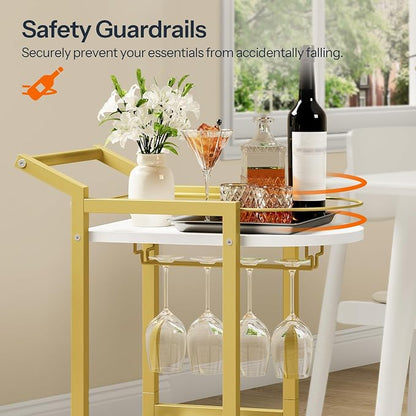 HOOBRO Bar Cart, Bar Cart for The Home, Home Bar Serving Cart on Wheels, Rolling Wine Cart with Wine Rack and Glass Holder, Beverage Cart for Bar, Kitchen, Dining Room, White and Gold DM48TC01