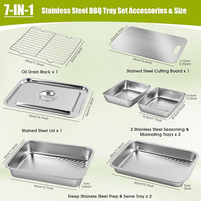 7-IN-1 Grill Prep & Carry System - Large Stainless Steel Prep Tray with Lid | Grill Accessories with 2 Marinating Containers, Cutting Board & Rack, Dishwasher-Safe Grilling Prep & Serve Set for BBQ Gifts