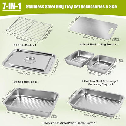 7-IN-1 Grill Prep & Carry System - Large Stainless Steel Prep Tray with Lid | Grill Accessories with 2 Marinating Containers, Cutting Board & Rack, Dishwasher-Safe Grilling Prep & Serve Set for BBQ Gifts