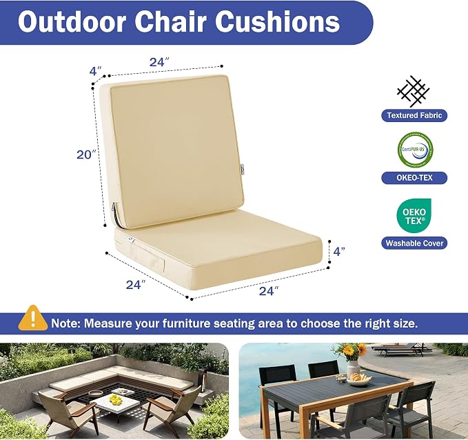 IPYNBAP Outdoor Cushions, Outdoor Chair Cushions 24x24x4 Inch, Cushions for Outdoor Furniture with Removable Cover, Waterproof & Fade Resistant Outdoor Seat Cushions for Patio, Lawn, Beige