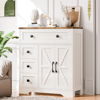 Vabches Farmhouse Storage Cabinet with 2 Doors and 4 Drawers, Freestanding Bathroom Storage Cabinet Kitchen Pantry, Floor Hutch Cupboard for Living Room/Bathroom/Kitchen.(Antique White