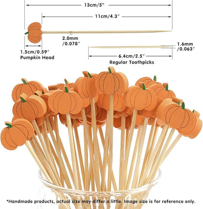 Minisland Orange Pumpkin Cocktail Picks, 5 Inch Long Bamboo Fancy Toothpicks for Appetizers, Decorative Fall Halloween Thanksgiving Party Food Drinks Garnish Fruit Skewer Sticks 100 Counts - MSL423