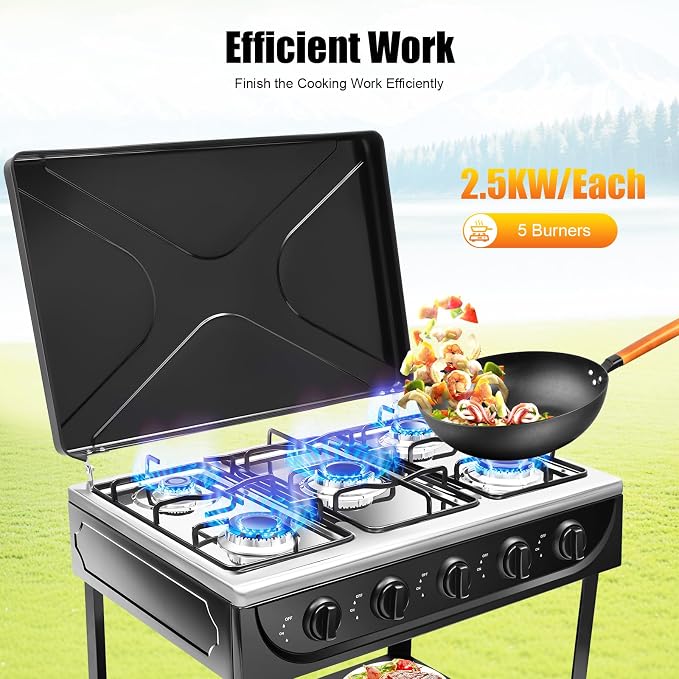 5 Burner Gas Stove, Portable Natural Gas Stove with Support Leg Stand and Wind Blocking Cover Adapter, Manual Ignition Camping Stove, ideal for Home Cooking, RV, Apartment, Commercial Purpose (Black)