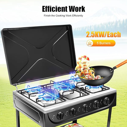 Portable Natural Gas Stove with 5 Burners, Manual Ignition Outdoor Stove for Camping, RV Travel, and Emergency Cooking Black