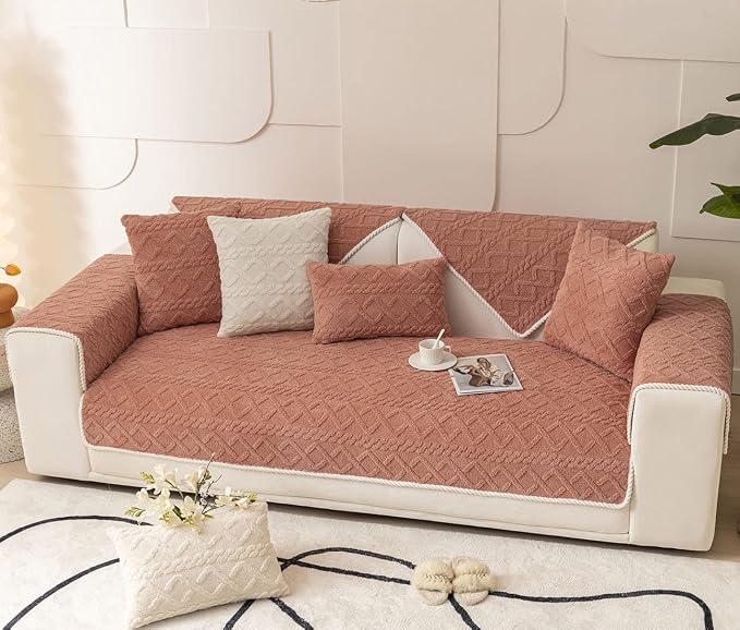 vctops Geometric Jacquard Plush Sofa Couch Covers Farmhouse Neutral Non Slip Sectional Couch Cover Soft Warm Sofa Slipcover for Dogs, Children, Pets Furniture Protector (Orange,28"x82")