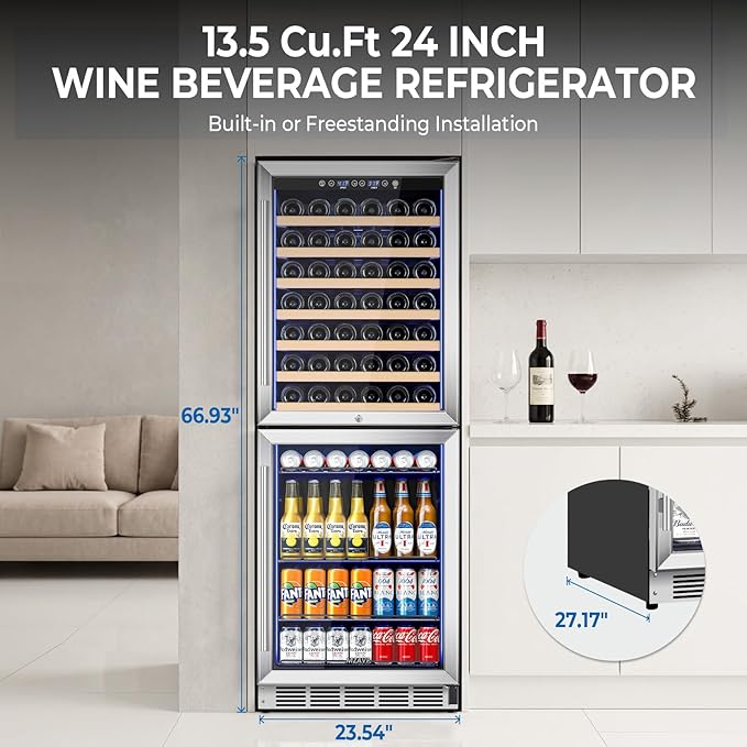 24 Inch Wide Wine and Beverage Cooler, 2 IN 1 Beverage Refrigerator with Glass Door, Dual Zone Wine Fridge Built-In/Freestanding, Beverage Wine Fridge for Home/Bar, 77 Bottle & 180 Can, Silver
