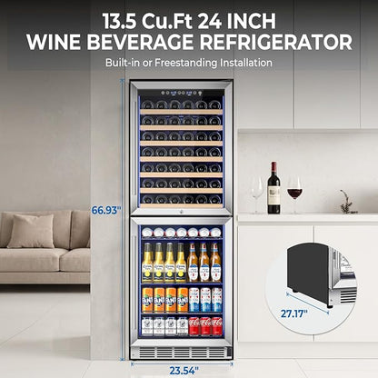 24 Inch Wide Wine and Beverage Cooler, 2 IN 1 Beverage Refrigerator with Glass Door, Dual Zone Wine Fridge Built-In/Freestanding, Beverage Wine Fridge for Home/Bar, 77 Bottle & 180 Can, Silver