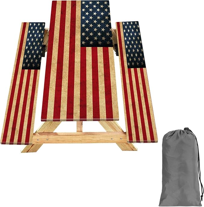 8 ft 96 in Picnic Table and Bench Cover, 3 Pack, US Flag | Drawstring Bag, Waterproof Windproof, Elastic Fitted Edges Tablecloth, for Rectangle Table & Seat, Camping Essentials RV Gear