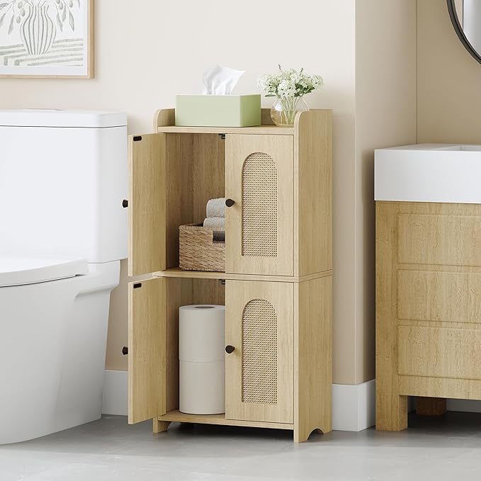 HEXCELEN Small Storage Cabinet, Bathroom Storage Cabinet with 4 Doors, Floor Bathroom Organizer Freestanding for Small Spaces, Living Room, Kitchen, Entryway (Mediterranean, Yellow) | Bathroom Storage Cabinet