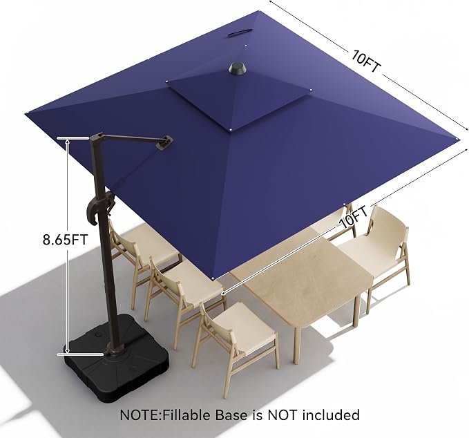 10x10FT Cantilever Outdoor Patio Umbrellas，Double Top Large Square Umbrella Heavy Duty 360°Rotation Offset Outdoor Sun Shade Umbrella for Garden Deck Pool Backyard Patio, Navy Blue