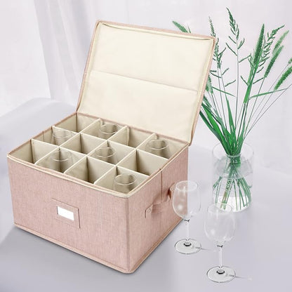 popoly Wine Glass Storage Box, Stemware Storage Containers Cases with Dividers, Stackable Moving Supplies for 12 Wine Glasses, Drinkware, Glassware or Crystal (Beige) | Stackable Moving Supplies for 12 Wine Glasses, Drinkware , Glassware or Crystal, Ha...