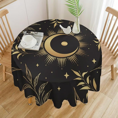 Sun Moon Round Tablecloth Vintage Boho Astrology Gold Celestial Star Crescent Galaxy Space Table Cloth Water Resistant Wipeable Table Cover for Picnic Party Kitchen Dinner Table 50"