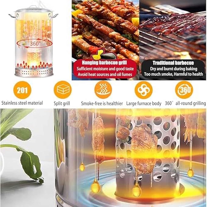 2-in-1 Vertical Charcoal BBQ Smoker 16" Round Charcoal Barbecue Grill Heavy-Duty Portable Grill for Outdoor Camping Picnic Backyard Cooking, Heat-resistant Temperature 500°C/932F°Can Hold 50 Skewers