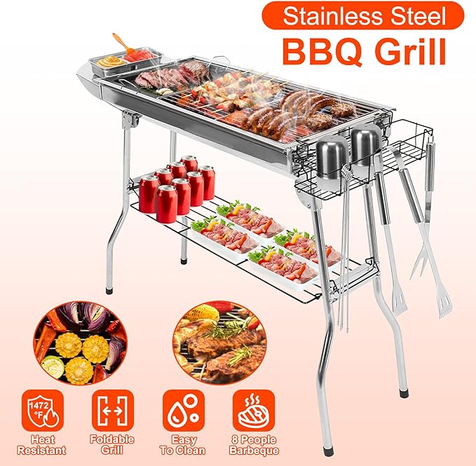 Charcoal Grills for Outdoor Cooking,Stainless Steel Folding Portable BBQ Grill Large Charcoal Grill for Garden Backyard Party Picnic Travel Outdoor Cooking Use With Non-Stick Frying Pan