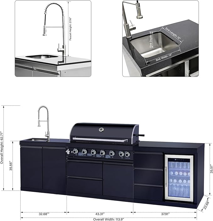 114" Outdoor Kitchen Island with Grill, 6-Burner 83,500 BTU Propane BBQ Island, Refrigerator, Sink with Trash Can Holder & 3-Drawer Cabinet, for Backyard and Patio Cooking, Black