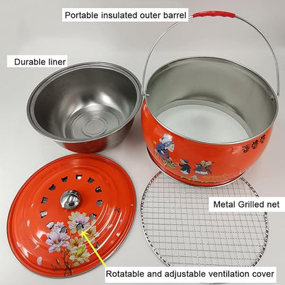 Grill for Outdoor 12.2-inch Round Shape Charcoal Grill Brazier with Handle and Vibrant Color Pattern Outdoor Camping Courtyard Picnic Roast Meat Home BBQ Charcoal Oven Barbecue Grill