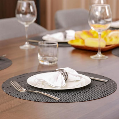 Round Placemats Set of 4 Heat Resistant Vinyl Placemats 15 inch Washable Non-Slip Table Mats Woven Place Mats for Dining Table (Black + Dark Gray, Set of 4)