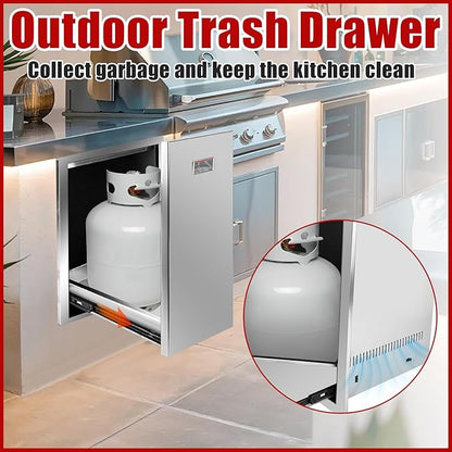 Outdoor Kitchen Single Trash Drawer 16'' W x 24.4'' H x 16'' D Pull Out Stainless Steel Bin Drawer Built-in Trash Drawers with Handle and Vents Suitable for Outdoor Kitchen Island Grill Station