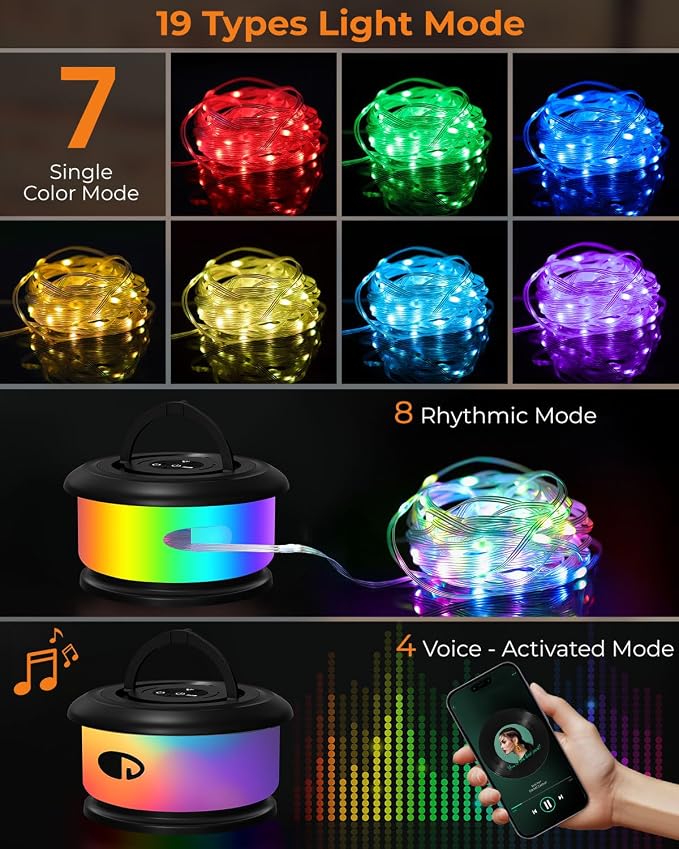 Camping String Lights, Retractable 32.8FT Rechargeable Fairy Light | Quick Storage RGB Flash Lamp Outdoor Waterproof, Portable Hanging Lantern for Outside Tent Patio Awning Garden RV Essentials