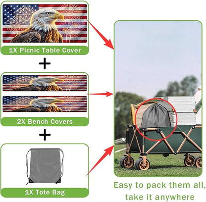 JAWO Bald Eagle American Flag Picnic Table Cover with Bench Covers, 4th of July Memorial Day Camper RV Essentials Gear Supplies Outdoor Waterproof Windproof Tablecloth with Elastic, 30X72in