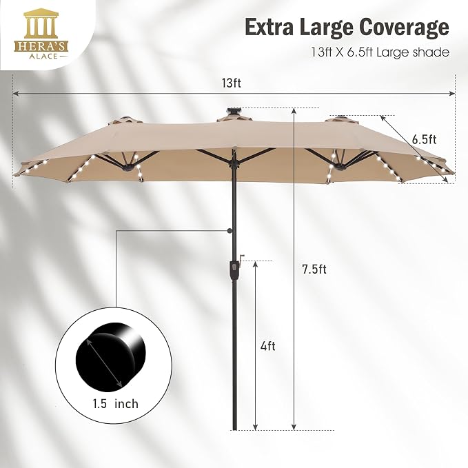 HERA'S PALACE 13 ft Patio Umbrella with 120 LED Solar Lights Double Sided Outdoor Umbrella for Patio 8 Colors Changing Table Umbrella Outdoor Patio for Garden Pool