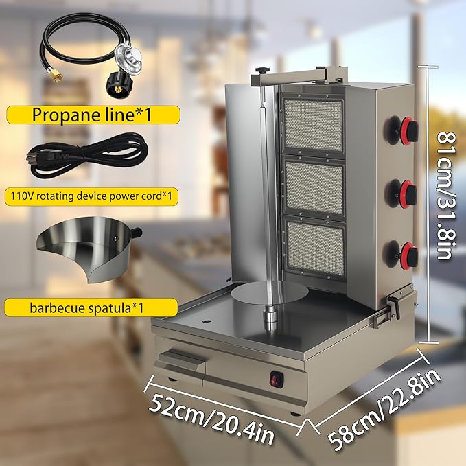 Turkey & Shawarma Oven Rotisserie Kebab Machine Infrared Burner, Automatic Rotation and Adjustable Distance, 3 Propane Controls Up to 750°F,Vertical Skewers, Stainless Steel