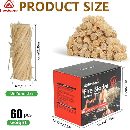 Lumberer 60 pcs Tumbleweed Fire Starter, Waterproof, All-Weather,for Fireplace Indoor, Campfires, Grill, Wood Stove, Fire Pit, Smoker, Chimney, Pizza Oven and Coal Stove.