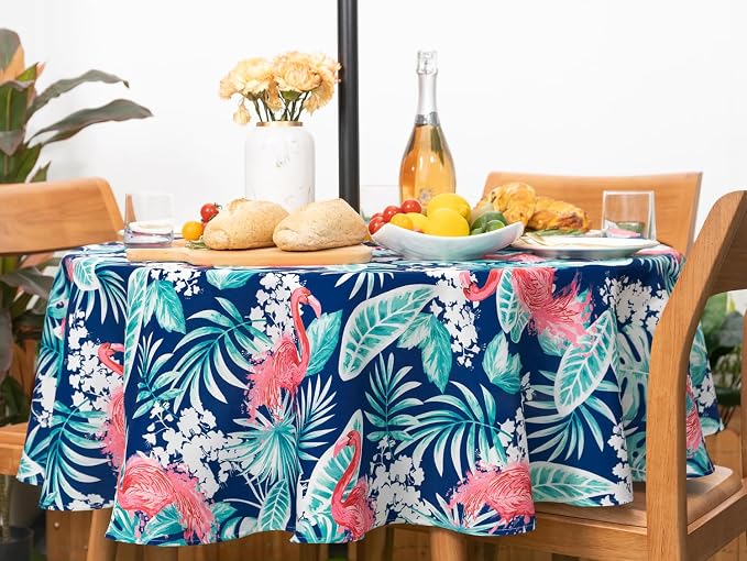 YiHomer Indoor Outdoor Tabletop for Spring Summer Decorations, Picnics and Dinner Parties - Stain and Water Resistant, Flamingo Dancing, Zipper Tablecloth, 60" Round with Umbrella Hole